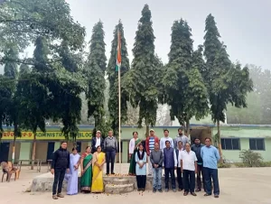 Students and faculty of Janata College, Satmile, Dhenkanal, gathered for the 76th Republic Day celebration with the Indian flag hoisted in the background.