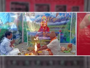 Saraswati Puja at Janata College, Satmile, Dhenkanal, featuring a beautifully adorned idol of Goddess Saraswati, floral decorations, and devotees performing Aarti.